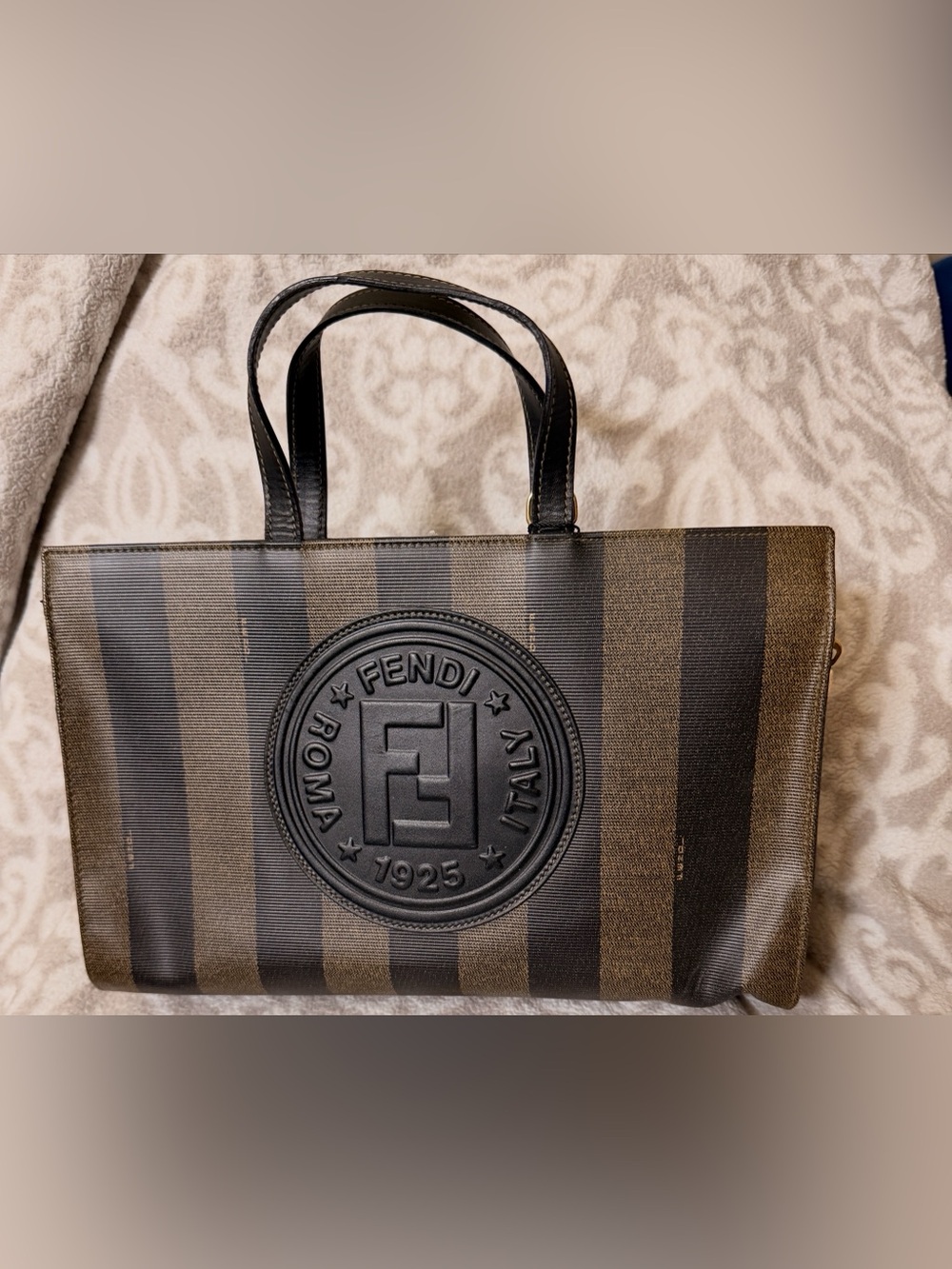 Fendi Brown/Black Striped Tote Bag Logo Accent Gold Hardware Zip Top + COA